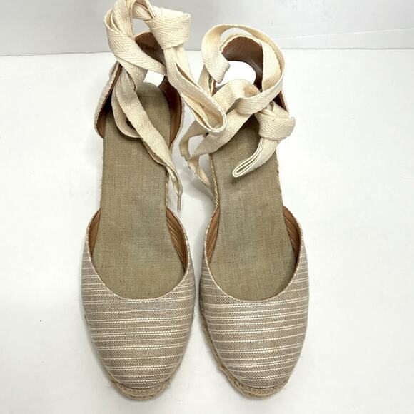Soludos Tan White Stripe Ankle Wrap Espadrille Wedge Heels 10 - Picture 2 of 8
